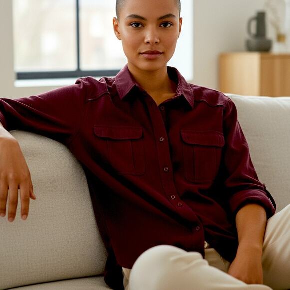 ETHEREAL by PAPER CRANE Anthropologie Wine Red Rayon Button Up Shirt - S - Picture 1 of 8